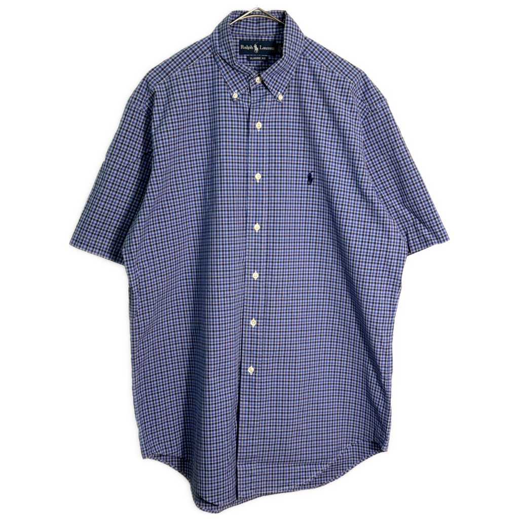 90年代 RALPH LAUREN ラルフローレン ボタンダウン 半袖シャツ チェック ブルー(メンズ M)中古 古着 Y1486
