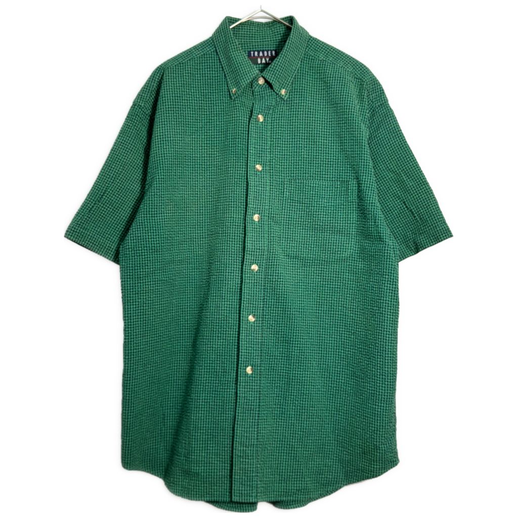 90年代 TRADER BAY ボタンダウン シアサッカーシャツ ギンガムチェック グリーン(メンズ M)中古 古着 Y1491