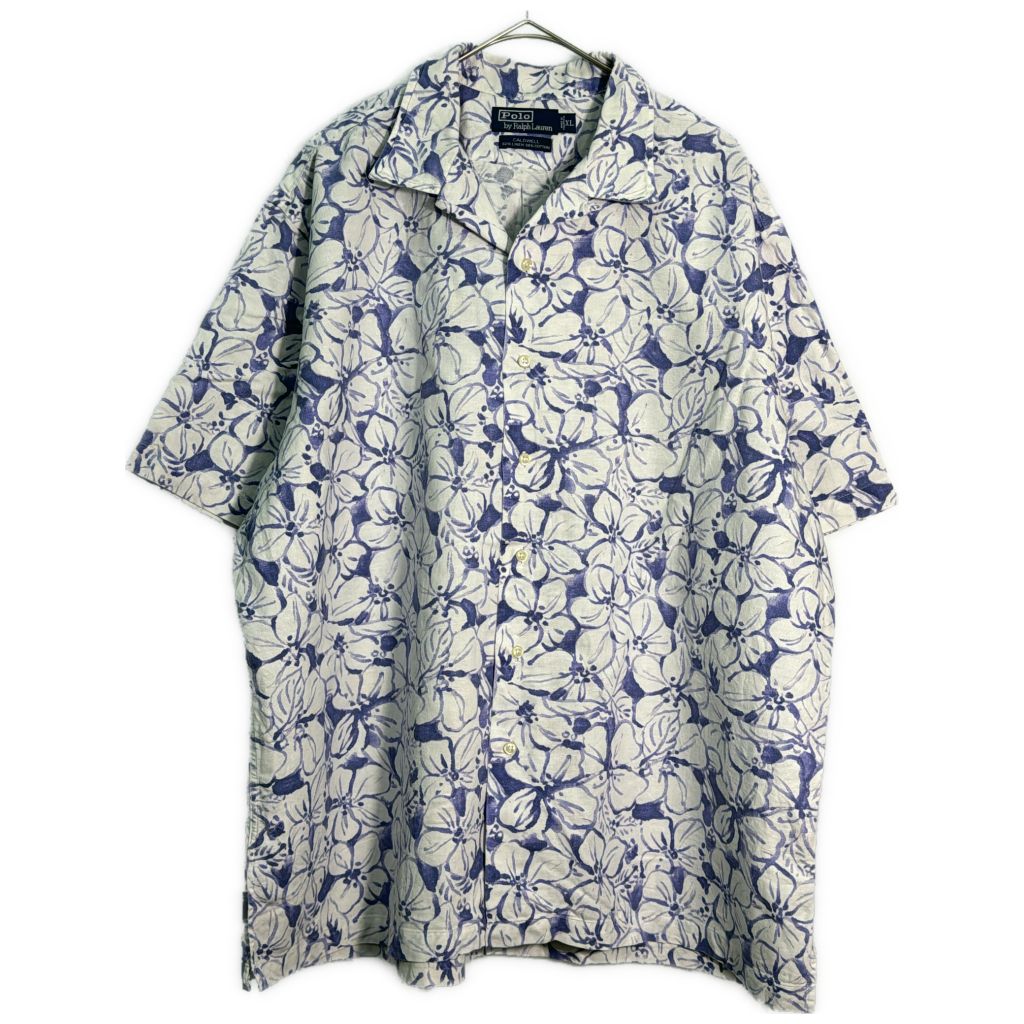 90年代 Polo by Ralph Lauren ポロ ラルフローレン CALDWELL オープンカラー コットンリネンシャツ 花柄(メンズ XL)中古 古着 Y1497