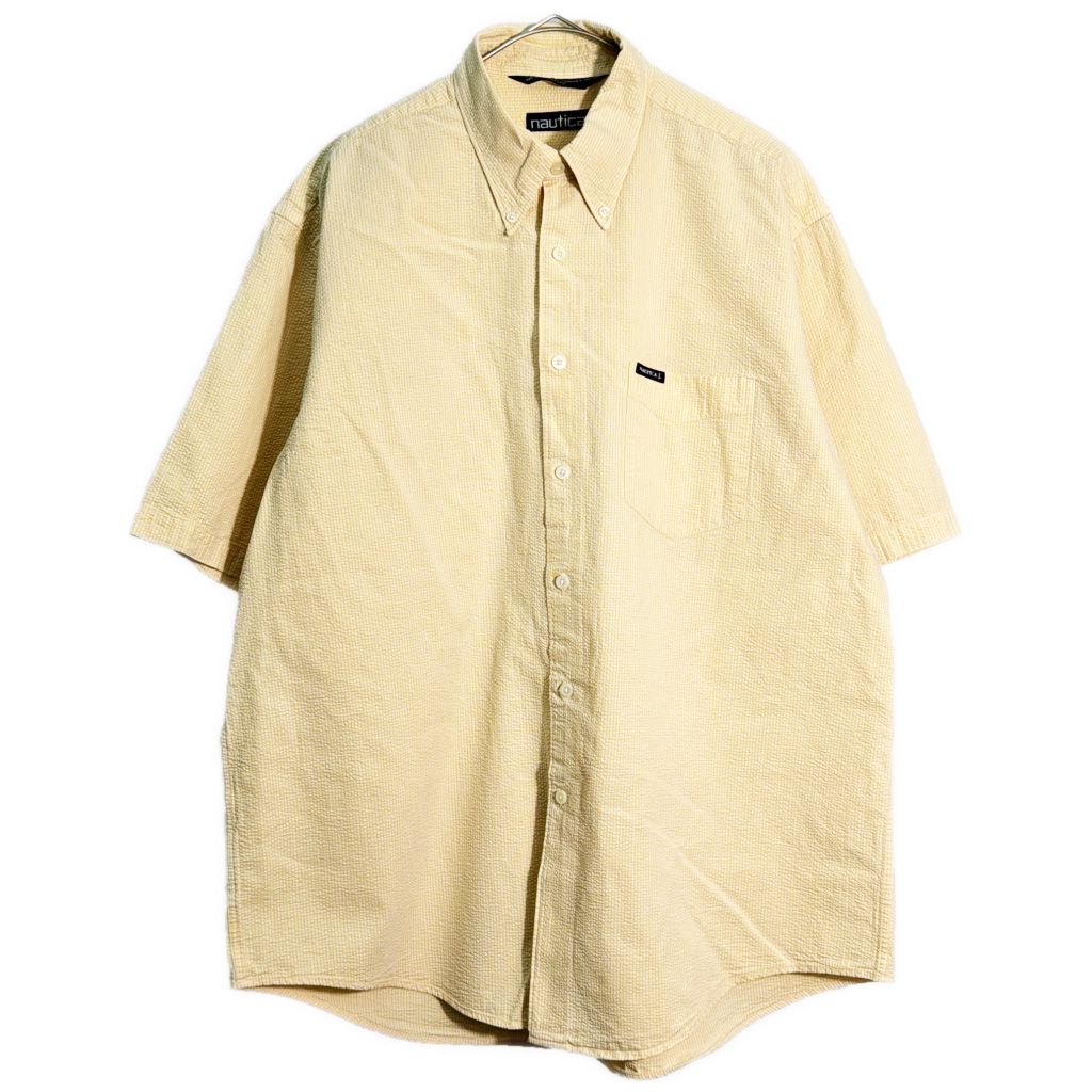 90年代 NAUTICA ノーティカ ボタンダウン シアサッカーシャツ ストライプ イエロー(メンズ L)中古 古着 Y1500