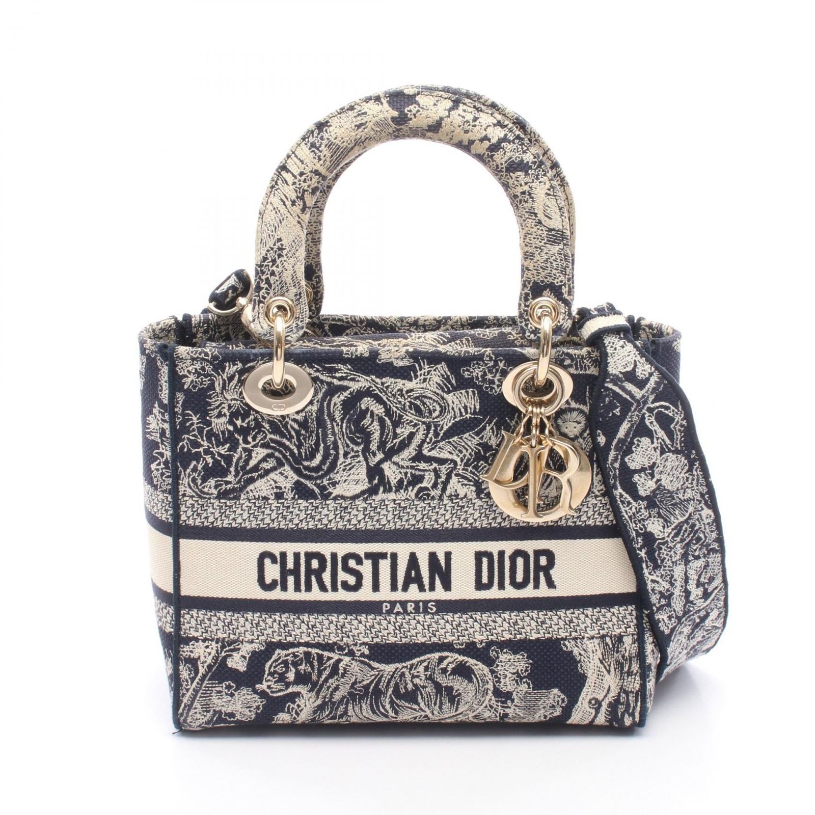 ディオール Dior ハンドバッグ LADY D-LITE ミディアム 2WAY ネイビー キャンバス Lady D-Lite 2wayトート ミディアム レディース Used B