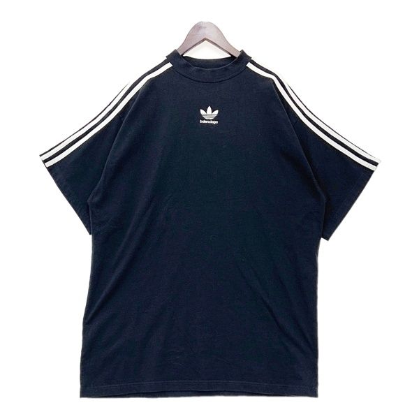 BALENCIAGA adidas バレンシアガ アディダス Tシャツ カットソー 半袖 739101 オーバーサイズ トレフォイル 3ライン スポーティ メンズ サイズ2 ブラック トップス DM19056■