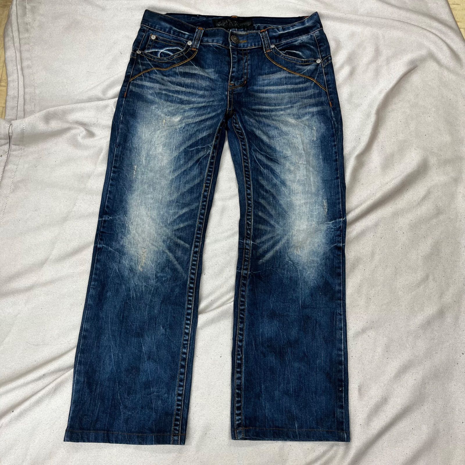 RED PEPPER レッドペッパー　刺繍デニムパンツ　ストレートパンツ　ユニコーン　ブルー　ダメージ加工　メンズ　34インチ