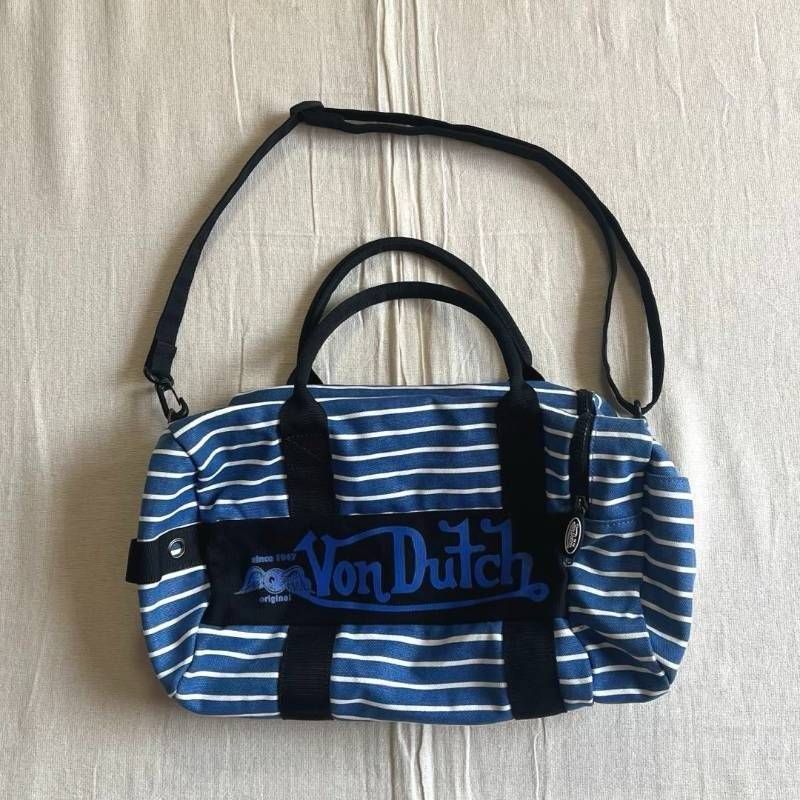 希少 archive Von Dutch ボンダッチ 2WAY ショルダーバッグ ハンドバッグ ボストン ドラムバッグ ブルー×ホワイト ボーダー柄 デカロゴプリント Y2K グランジ パンキッシュ stripes pattern shoulder bag