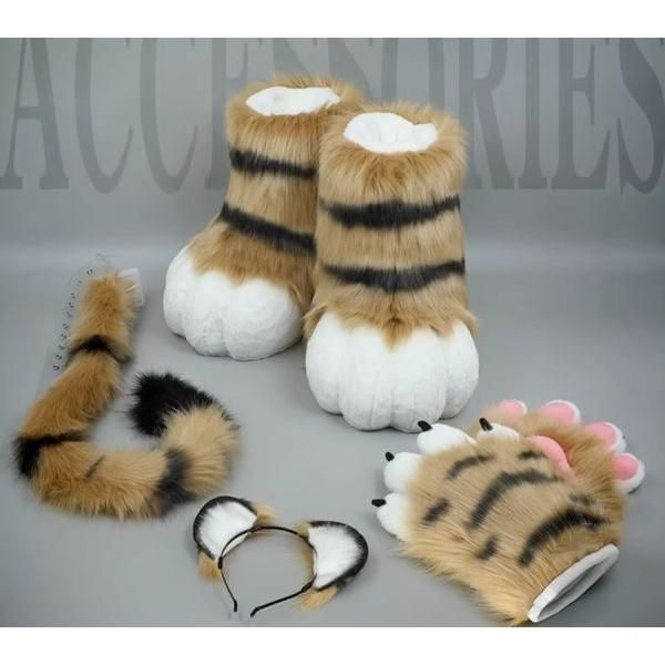 着ぐるみ トラ Aタイプ セット フリーサイズ ケモノ脚 手袋 尻尾 ファースーツ ケモノ fursuit ぬいぐるみ コスプレ コスチューム kigurumi