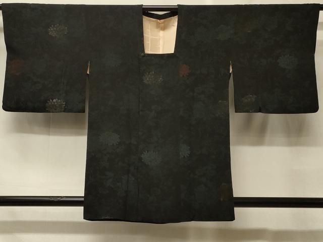 平和屋着物＃道行コート　寿光織　草花文　黒地　銀糸　正絹　逸品　CABF8909in