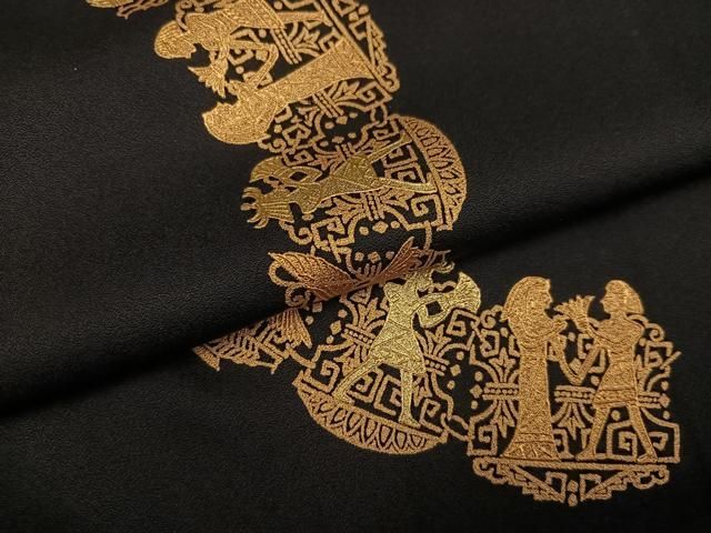 平和屋着物●訪問着　エジプト壁画文様　黒地　金彩　鈴乃屋扱い　正絹　逸品　AABI3106ph