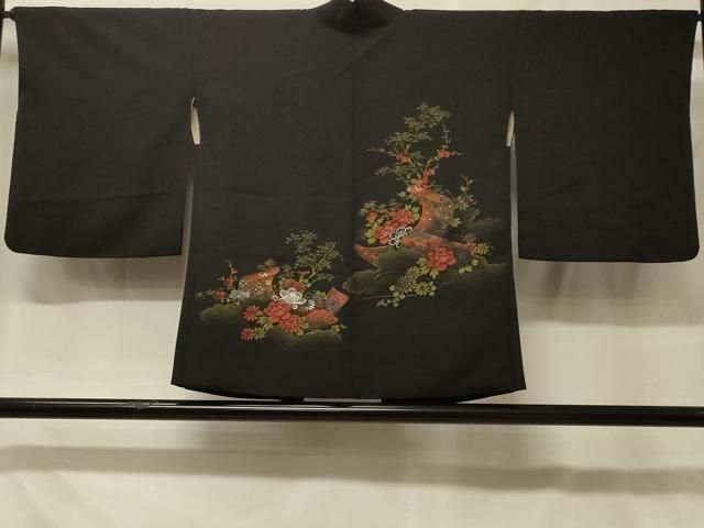 平和屋着物＃羽織　寿光織　文箱巻物花文　黒地　金銀糸　正絹　逸品　CABF8915in
