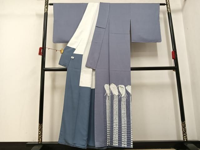 平和屋着物●東京友禅　菅有鬼一　訪問着　手描き　白鷺　金彩　正絹　逸品　未使用　AABI3117ph