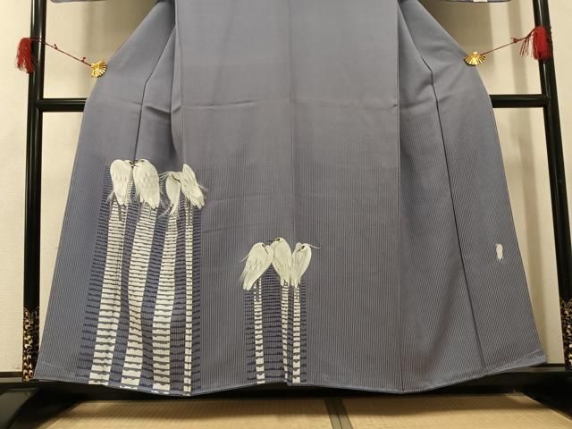 平和屋着物●東京友禅　菅有鬼一　訪問着　手描き　白鷺　金彩　正絹　逸品　未使用　AABI3117ph