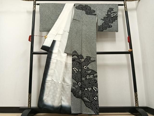 平和屋着物●訪問着　総絞り　流水草花文　黒地　正絹　逸品　AABI3120ph