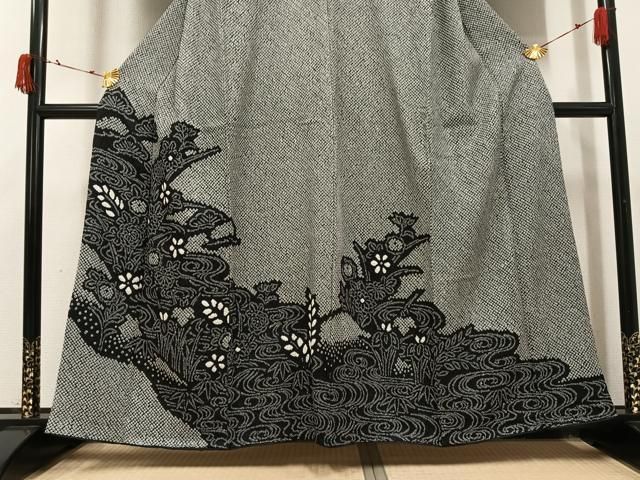平和屋着物●訪問着　総絞り　流水草花文　黒地　正絹　逸品　AABI3120ph