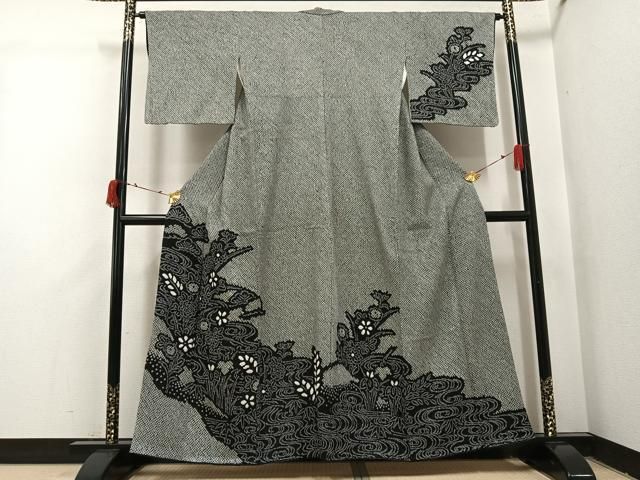 平和屋着物●訪問着　総絞り　流水草花文　黒地　正絹　逸品　AABI3120ph