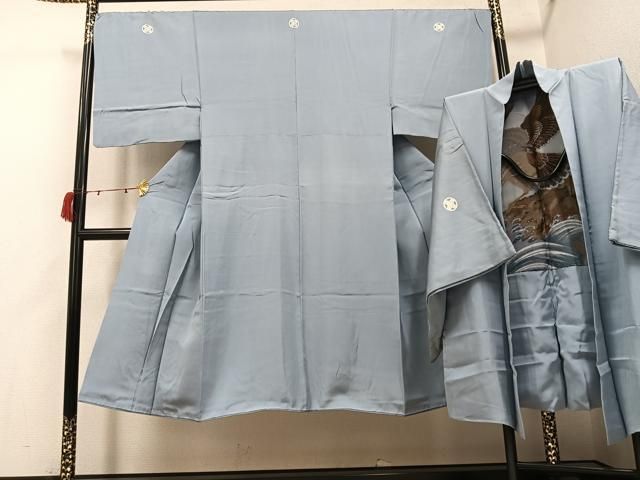 平和屋着物●男性　色紋付・羽織セット　灰青色　正絹　逸品　AABI4801ph