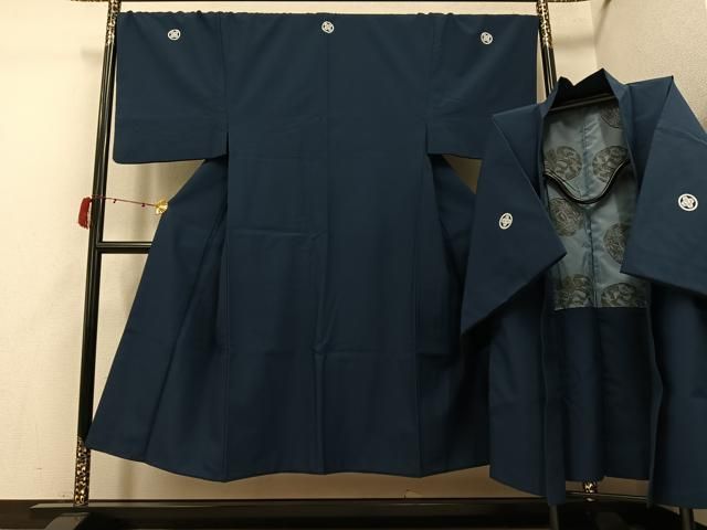 平和屋着物●男性　色紋付・羽織セット　鉄御納戸色　正絹　逸品　AABI4802ph