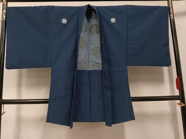 平和屋着物○男性 色紋付・羽織セット 鉄御納戸色 正絹 逸品