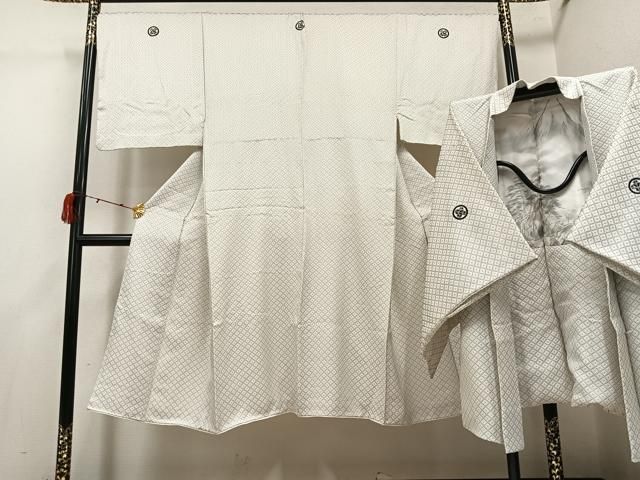 平和屋着物●男性　白紋付・羽織セット　菱文　正絹　逸品　AABI4803ph