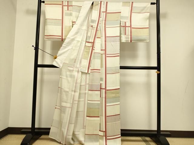 平和屋着物▽上質な小紋　単衣　格子柄　正絹　逸品　DABE9749du