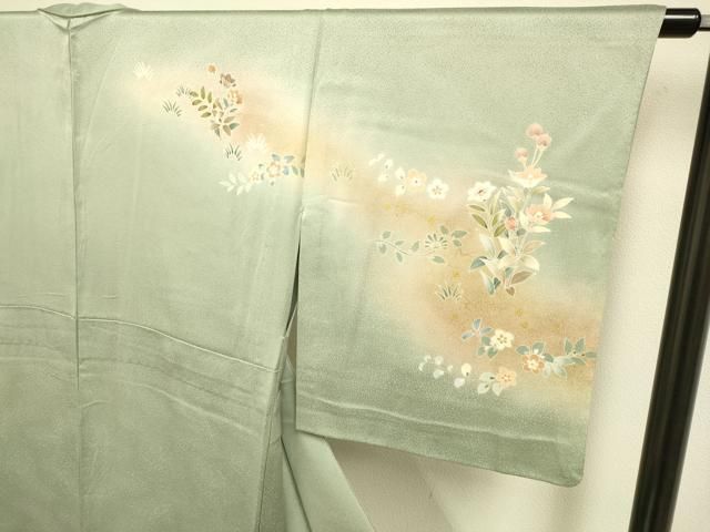 平和屋着物▽訪問着　単衣　孔雀花文　暈し染め　金彩　正絹　逸品　DABE9752du