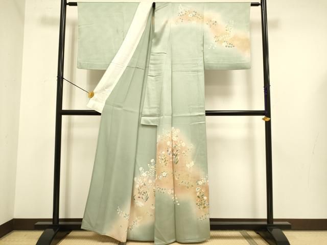 平和屋着物▽訪問着　単衣　孔雀花文　暈し染め　金彩　正絹　逸品　DABE9752du
