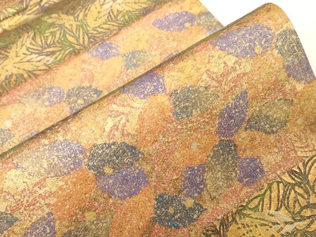 平和屋着物●石川県指定無形文化財　牛首紬　白山工房　手織り　全通柄袋帯　横段草花文　金彩　正絹　逸品　CABG3028dy