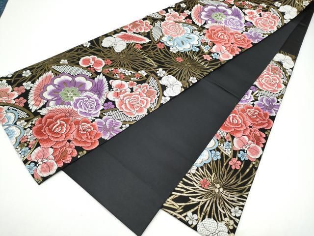 平和屋着物●六通柄袋帯 唐織 草花文 黒地 金糸 正絹 逸品 CABG6183hy 平和屋着物●六通柄袋帯 唐織 草花文 黒地 金糸 正絹 逸品 CABG6183hy