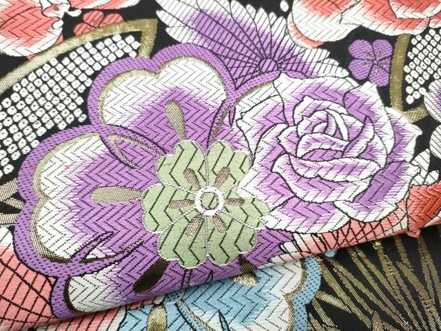 平和屋着物●六通柄袋帯 唐織 草花文 黒地 金糸 正絹 逸品 CABG6183hy 平和屋着物●六通柄袋帯 唐織 草花文 黒地 金糸 正絹 逸品 CABG6183hy