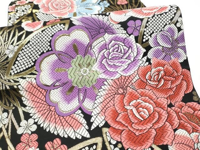 平和屋着物●六通柄袋帯 唐織 草花文 黒地 金糸 正絹 逸品 CABG6183hy 平和屋着物●六通柄袋帯 唐織 草花文 黒地 金糸 正絹 逸品 CABG6183hy