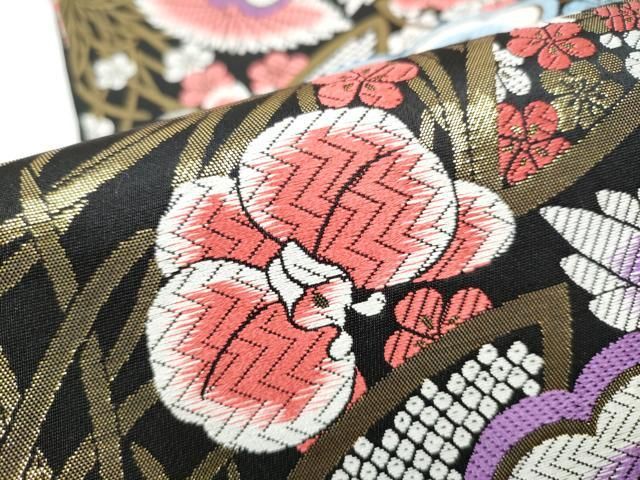 平和屋着物●六通柄袋帯 唐織 草花文 黒地 金糸 正絹 逸品 CABG6183hy 平和屋着物●六通柄袋帯 唐織 草花文 黒地 金糸 正絹 逸品 CABG6183hy