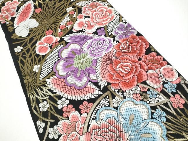 平和屋着物●六通柄袋帯 唐織 草花文 黒地 金糸 正絹 逸品 CABG6183hy 平和屋着物●六通柄袋帯 唐織 草花文 黒地 金糸 正絹 逸品 CABG6183hy
