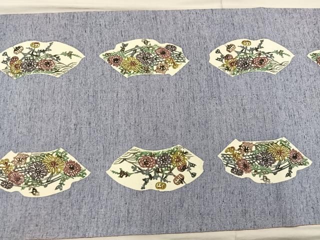 平和屋着物●太鼓柄袋帯　紬地　型染め　草花文　正絹　逸品　BAAX4859mz