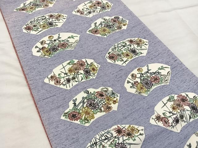 平和屋着物●太鼓柄袋帯　紬地　型染め　草花文　正絹　逸品　BAAX4859mz