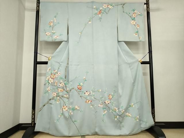 平和屋着物●染刺工芸　大羊居　東京友禅　訪問着　刺繍　枝花文　金糸　正絹　逸品　AABI8867ck