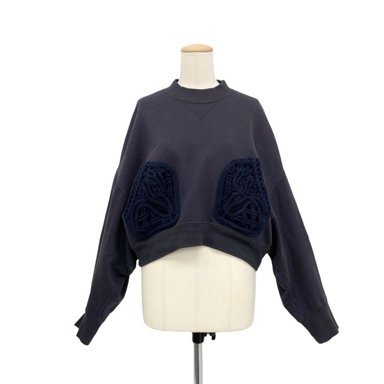 2025SS Mame Kurogouchi マメクロゴウチ Cording Embroidery Cropped Sweatshirt コード刺繍スウェット ネイビー 2 MM25SS-JS051
