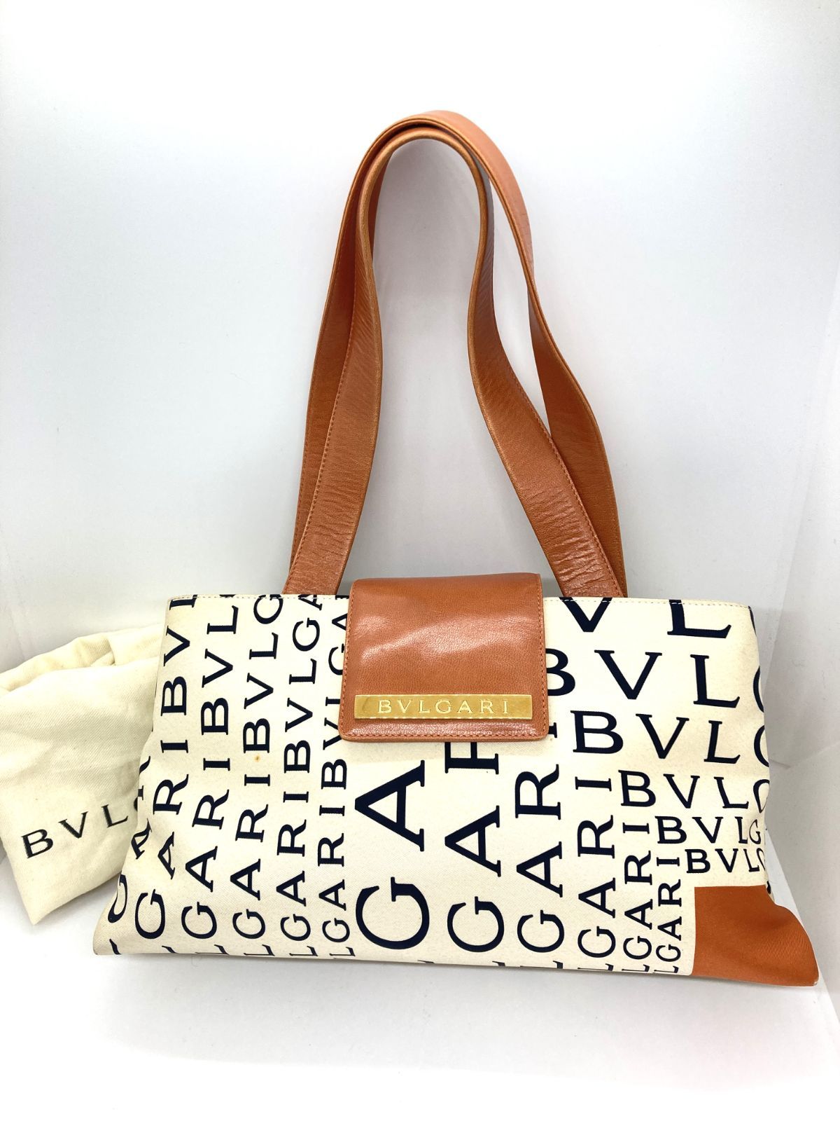中古 BVLGARI ブルガリ ロゴマニア レクタンギュラー トートバッグ アイボリー ショルダー ハンドバッグ キャンバス レザー 30007