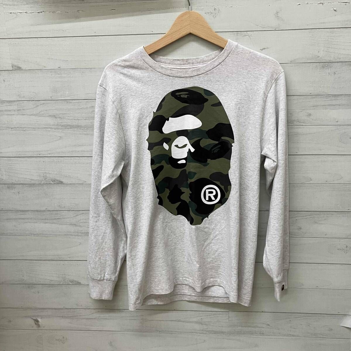 A BATHING APE アベイシングエイプ 長袖シャツ ST CAMO BIG APE HEAD LS TEE 001LTK801018M メンズ Sサイズ グレー