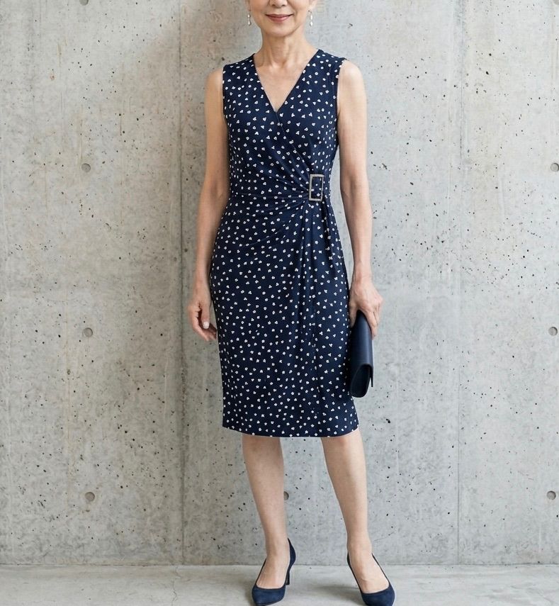 美品 REGINA ROMANTICO レジィーナロマンティコ カシュクールワンピース ハート柄 ストレッチ ネイビー ノースリーブ 34
