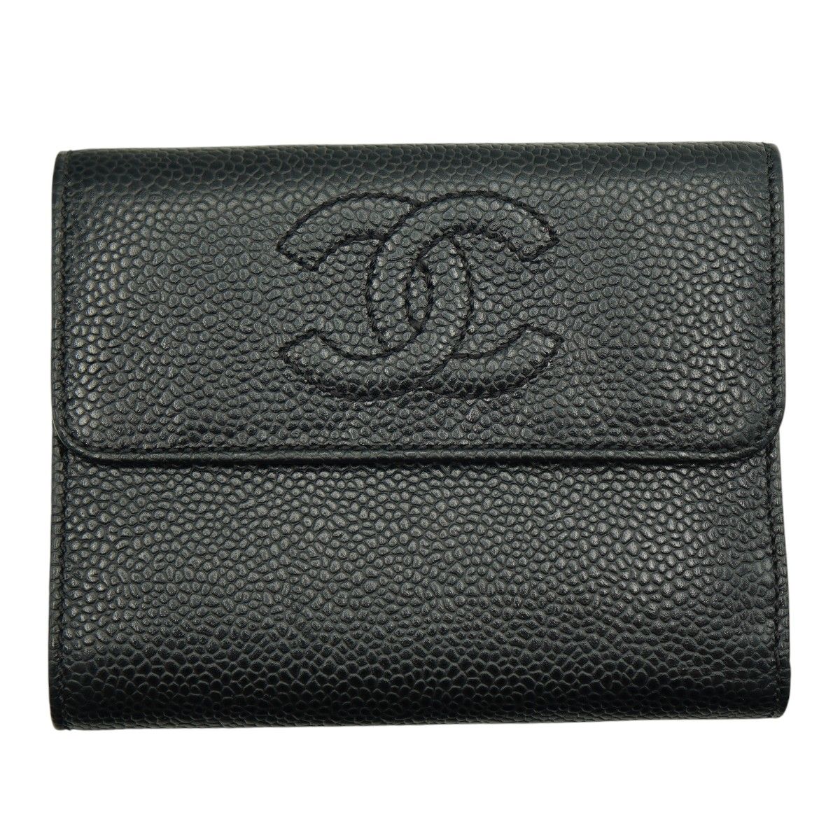 CHANEL シャネル ココマーク キャビアスキン コンパクト 6番台 三つ折り財布 ブラック M2605-k108