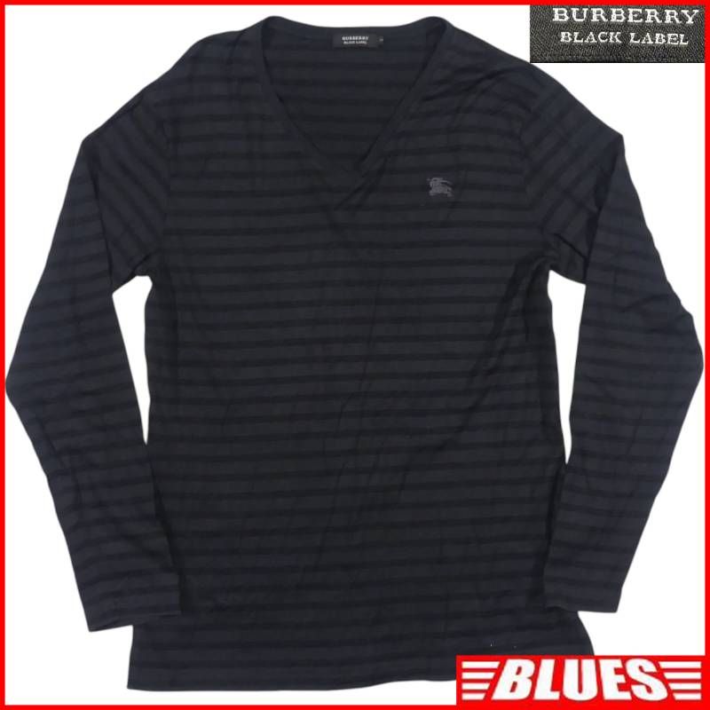 BURBERRY BLACK LABEL 廃盤 バーバリーブラックレーベル Tシャツ L ボーダー柄 Vネック ブラック ロンT カットソー 3 シャツ_カットソーサイズL一覧←SEULB屋着古← TY4495