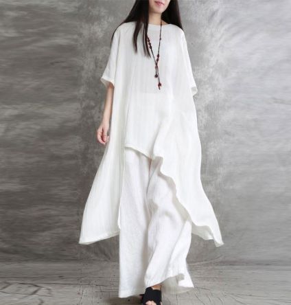 【ホワイト】セットアップ ワイドパンツ ロング チュニック レディース リネン風 ゆるシルエット 大きいサイズ ゆったり 体型カバー ナチュラル 大人 上品