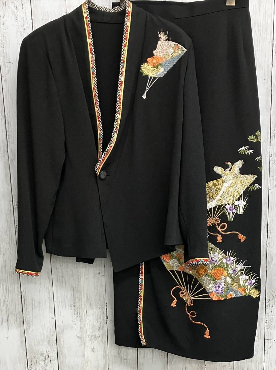 縮緬工房 セットアップ ちりめんこうぼう ノーカラージャケット ロングスカート 刺繍 和柄 ブラック size11