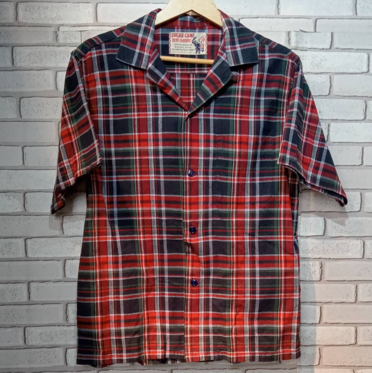 SUGAR CANE シュガー ケーン SC38924 MADRAS CHECK OPEN SHIRT 半袖シャツ サイズS 赤/紺/緑 アメリカンカジュアル