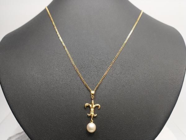 K18 リリーモチーフ 1Pパール デザインペンダント ネックレス 4.2g 49cm 百合 6mm珠 キヘイチェーン 18K YG 18金 イエローゴールド
