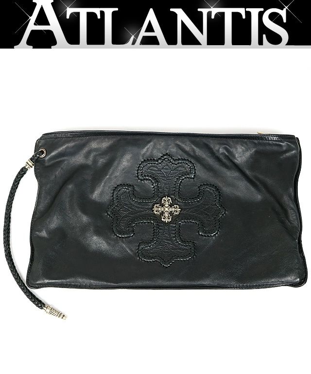 CHROME HEARTS 銀座店 クロムハーツ フラットポーチ フィリグリープラス クラッチ バッグ レザー メンズ シルバー SV925 黒 102809