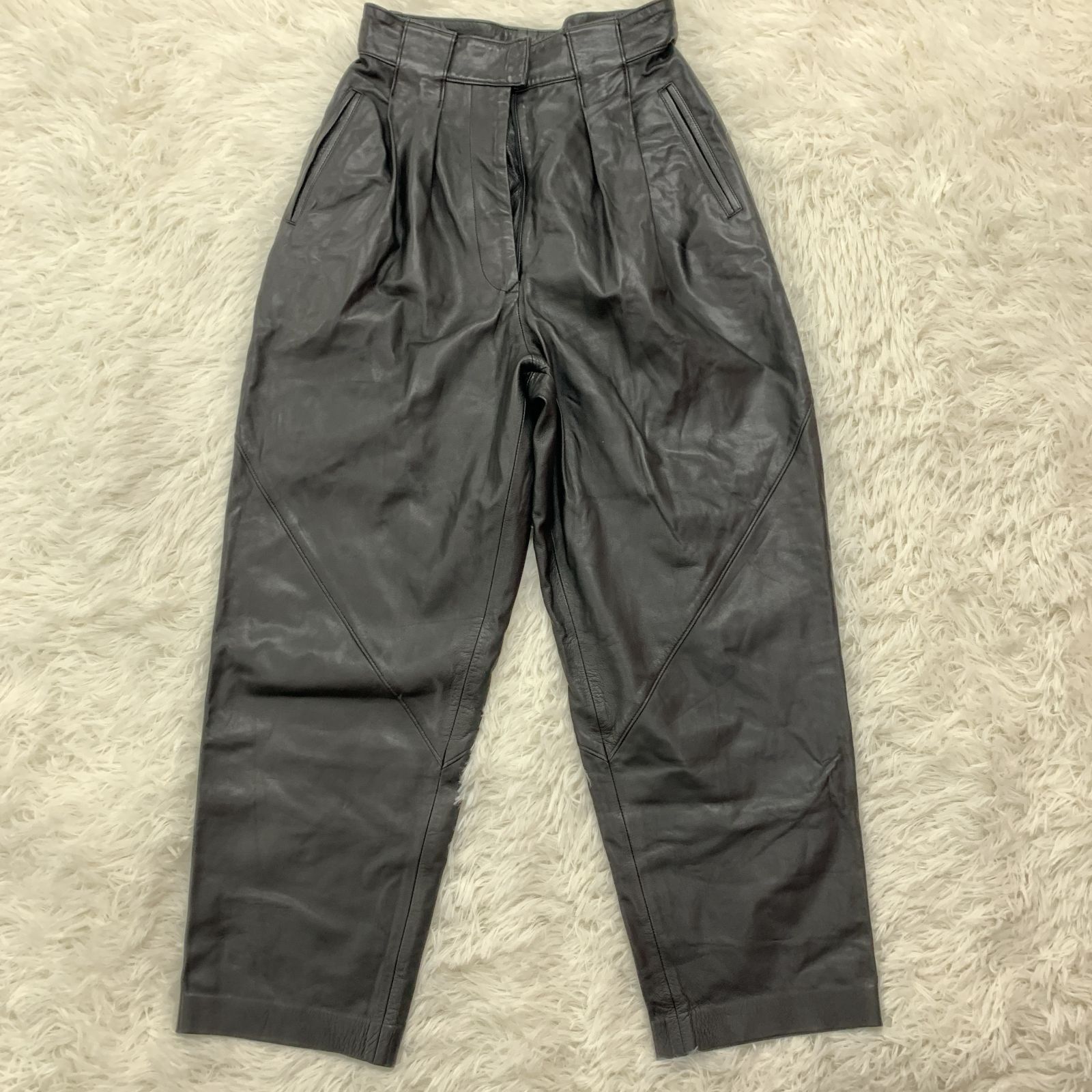 未使用！Guy Laroche 羊革 レザーパンツ／ 9号 ブラック タック ワイド 定価18万円 タグ付
