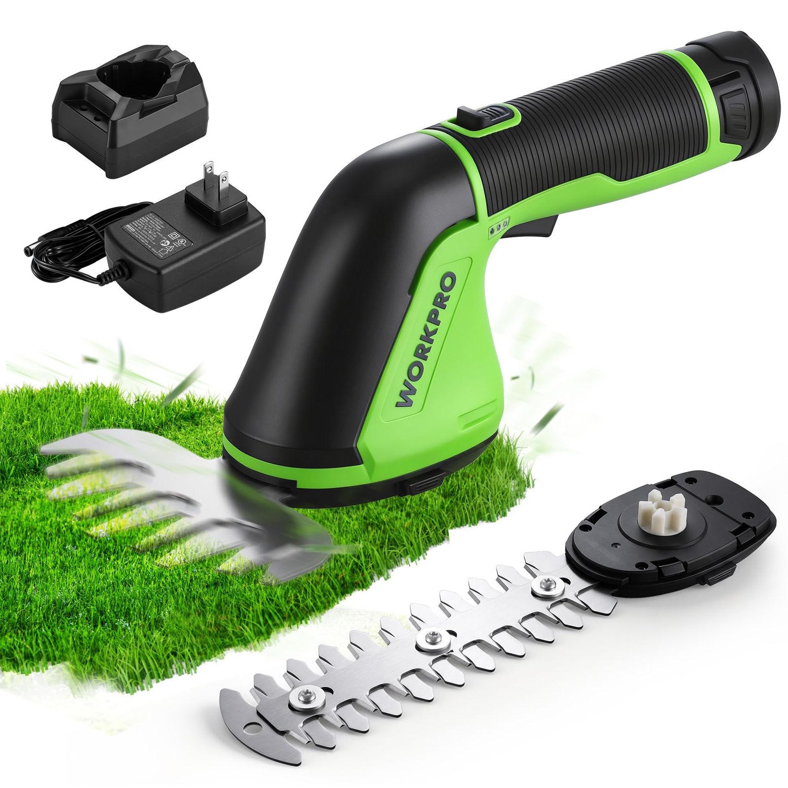 WORKPRO 【2026新型】 芝生バリカン 12V充電式 生垣バリカン 電動芝生バリカン 芝刈り機 一台二役 コードレス 刈込幅125mm 刈込高160mm 最大切断直径7.7mm ガーデン植木 剪定 園芸 トリマー バッテリーパック・充電器・草刈りブレe