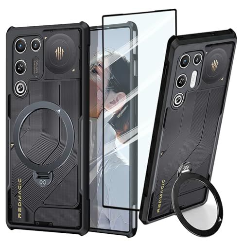 ZTE Nubia Red Magic 11 Air 用ケース リングスタンドホルダー付き ソフトTPUバンパー + アクリルバックミリタリーグレードエアバッグ 耐震落下保護 MagSafe 対応, スタンド 黒e