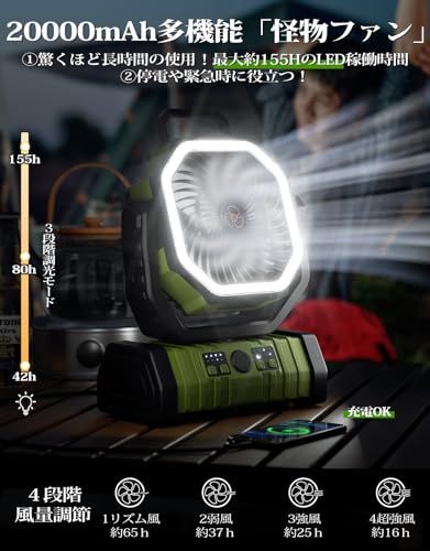 キャンプ 扇風機 アウトドア 充電式 【20000mAh 怪物ファン】 最大65時間連続使用 風量4段階調節 超強風力 自動首振り リモコン付き タイマー機能 32枚LEDライト DCモーター 低騒音 多機能 吊り下げ サーキュレーター 卓上 扇風機 小型 e