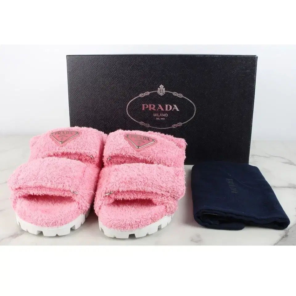 S級 PRADA プラダ 三角ロゴ フレンチテリー クロス サンダル ピンク 36(230)