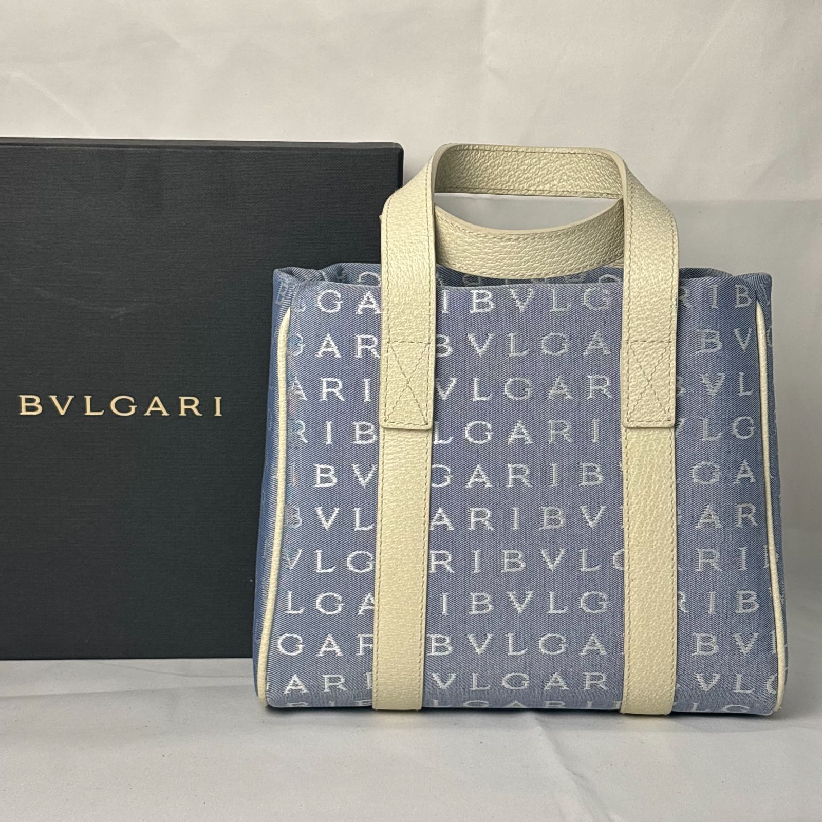 BVLGARI ブルガリ ロゴマニア ハンドバッグ ミニトートバッグ ブルー オフホワイト